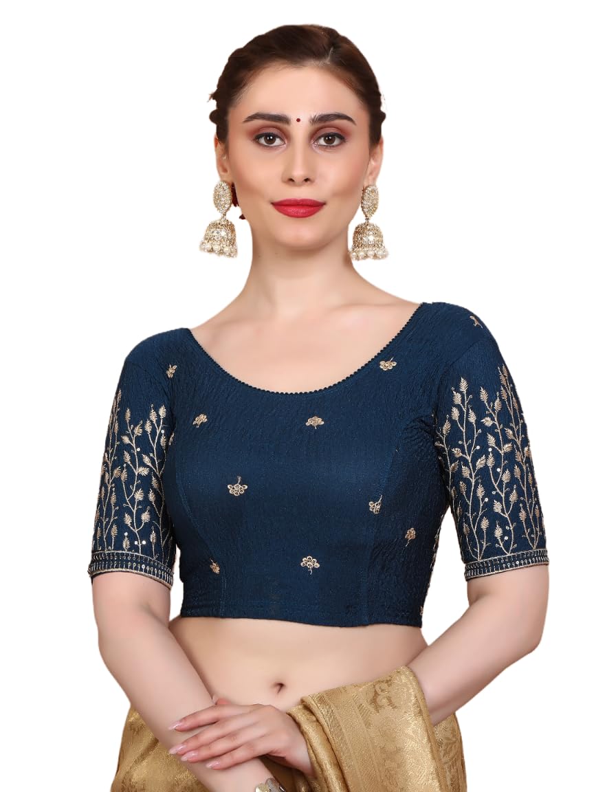 SALWAR STUDIO Blue Strechable Non Padded Embroidered Readymade Blouse