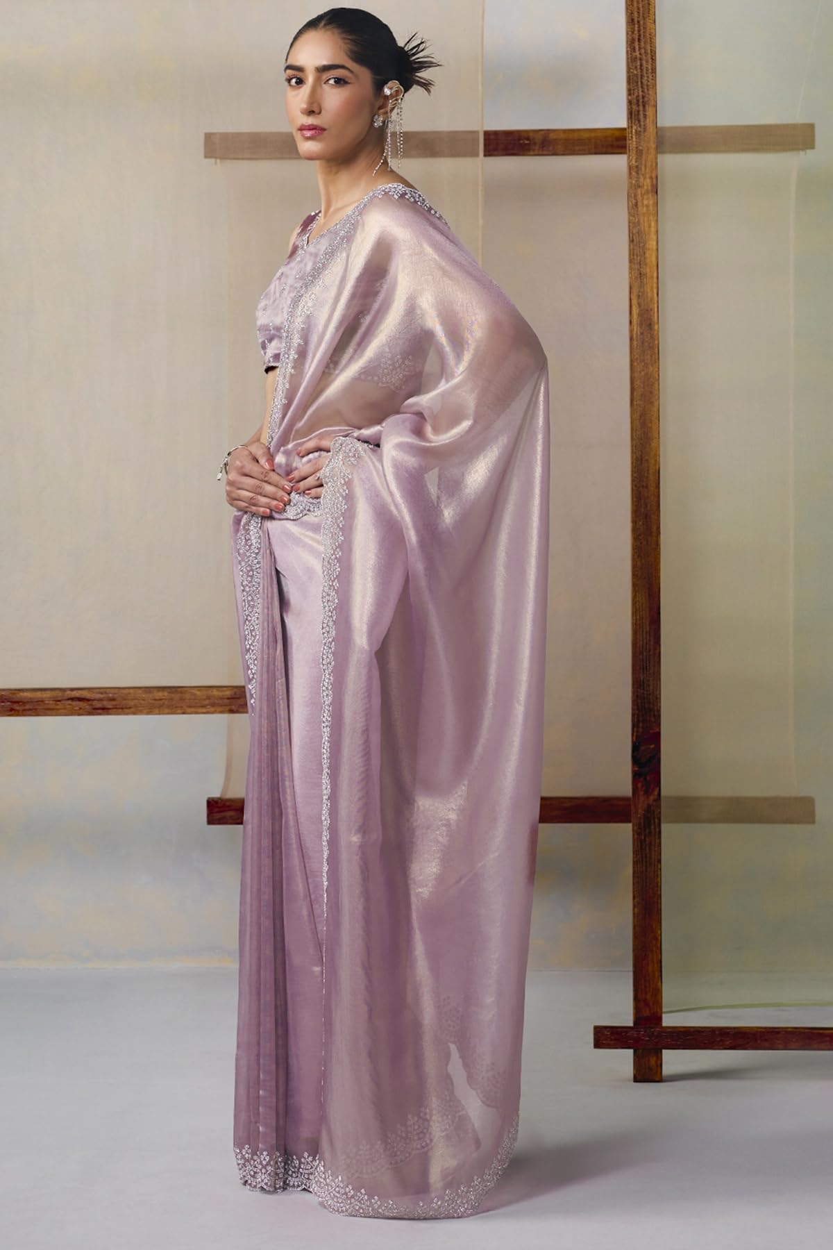 Soch Womens Silver Net Embellished Saree