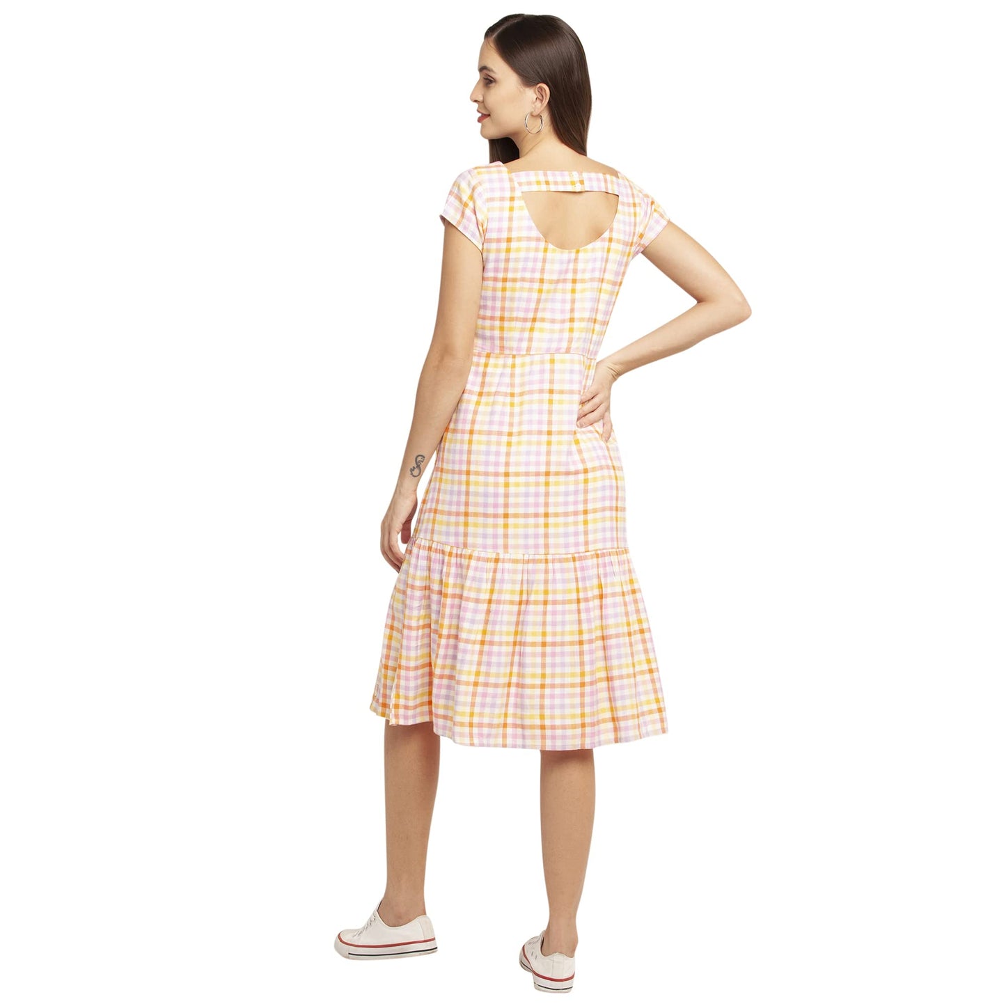 Zink London Multi-Colored Checks Women's Tiered Midi Dress Multicolour