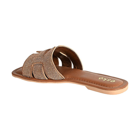 eske Estella Glitter Slip-On Sandals | Bronze Embellished Flat Slides | Comfortable Leather Insole | Stylish Party Wear Flats | Daily Casual Footwear for Girls & Ladies