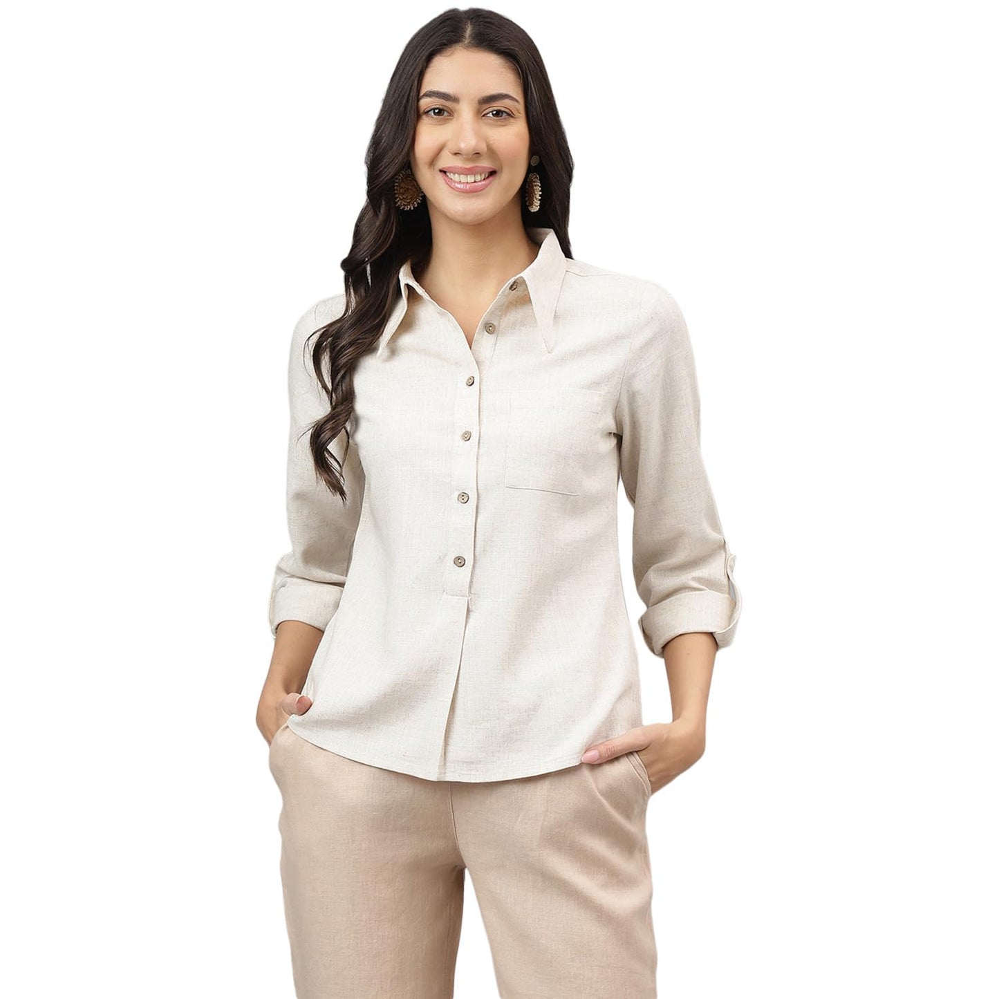 Latin Quarters Women Beige Spread Collar Long Sleeves Solid Shirt for Casual_XXL