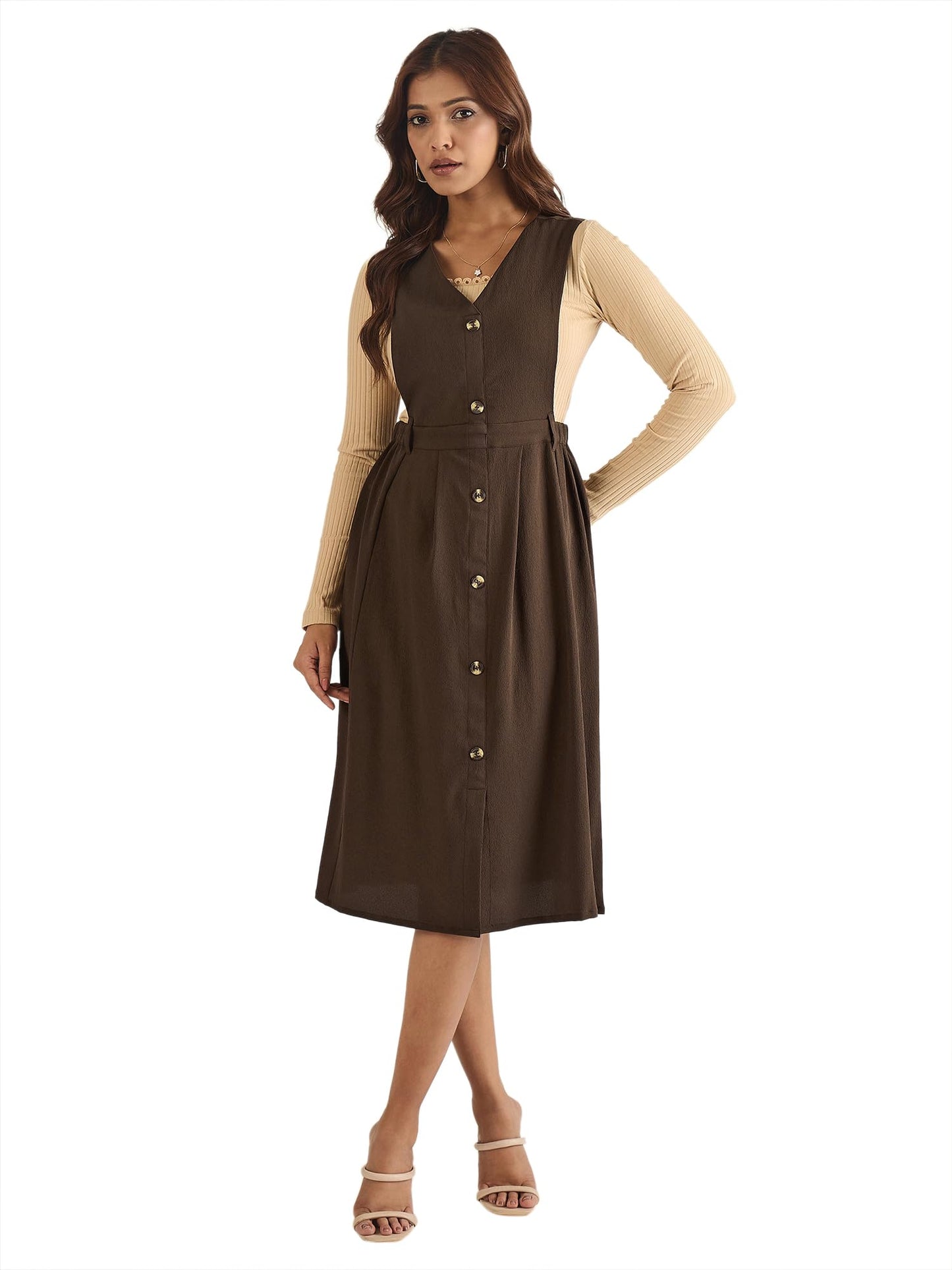 WineRed Women Brown Solid Pinafore Dress with Button