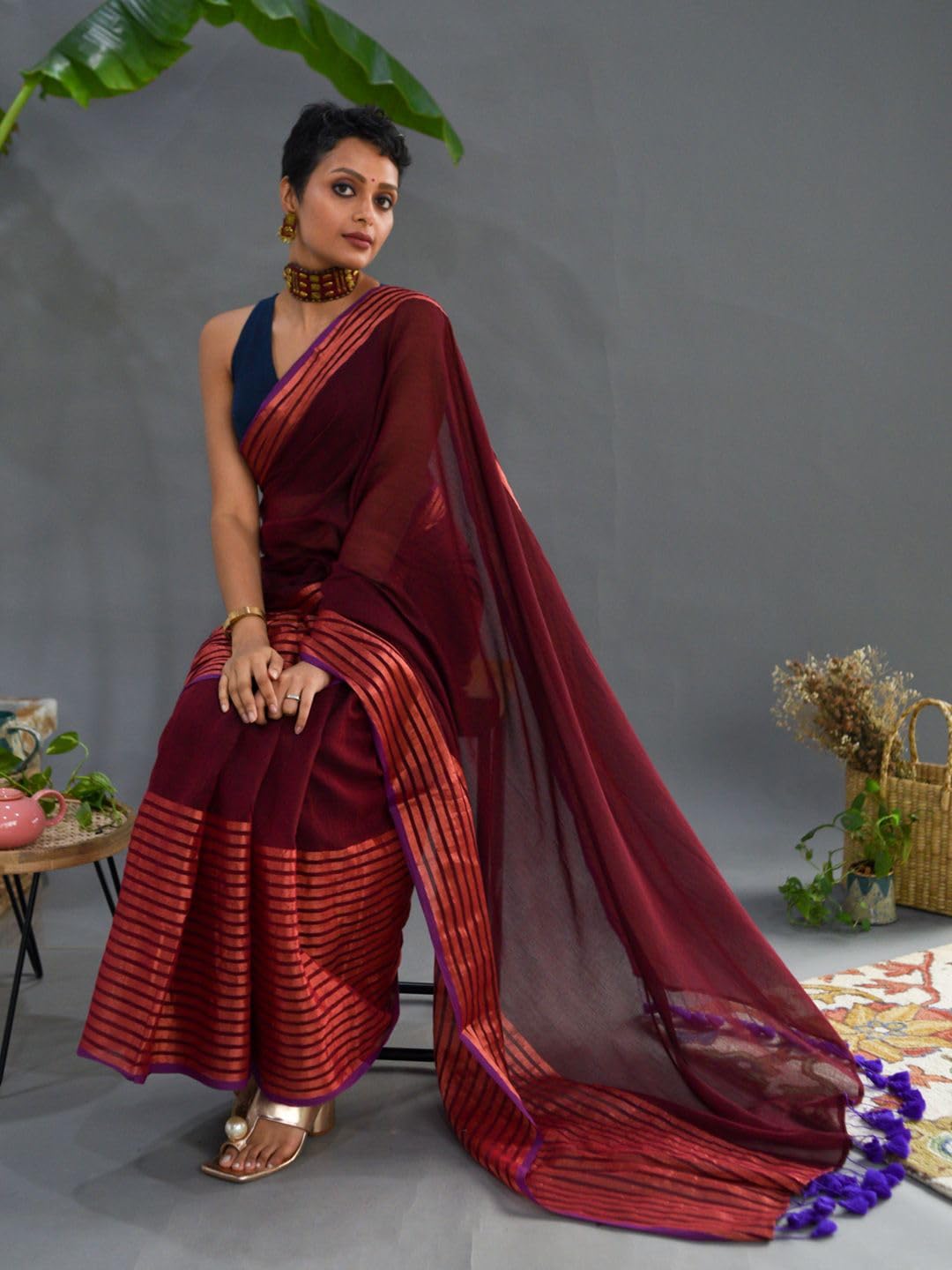 Suta Red Striped Zari Saree