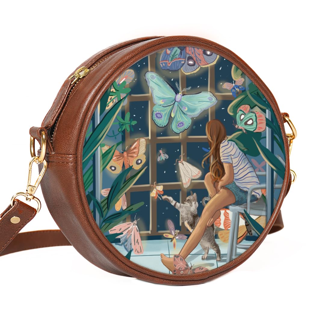 Kalankit Round Sling For Women | Travel Crossbody Bags | Side Bags With Adjustable Strap | Girls Daily Use Sling Bags | Glowing Butterflies