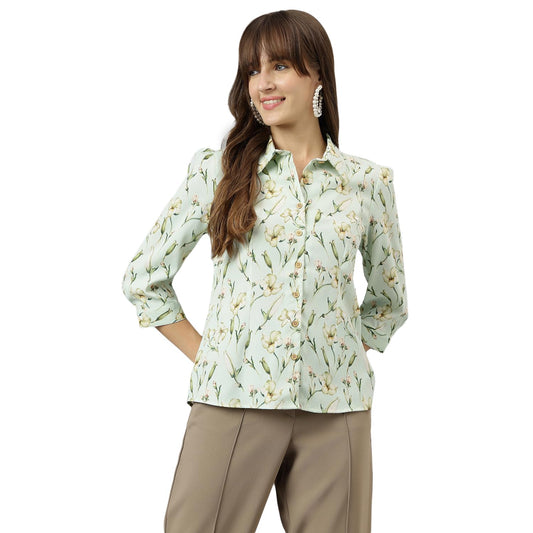 Latin Quarters Women Green Spread Collar Three-Quarter Sleeves Printed Shirt for Casual Wear_XL