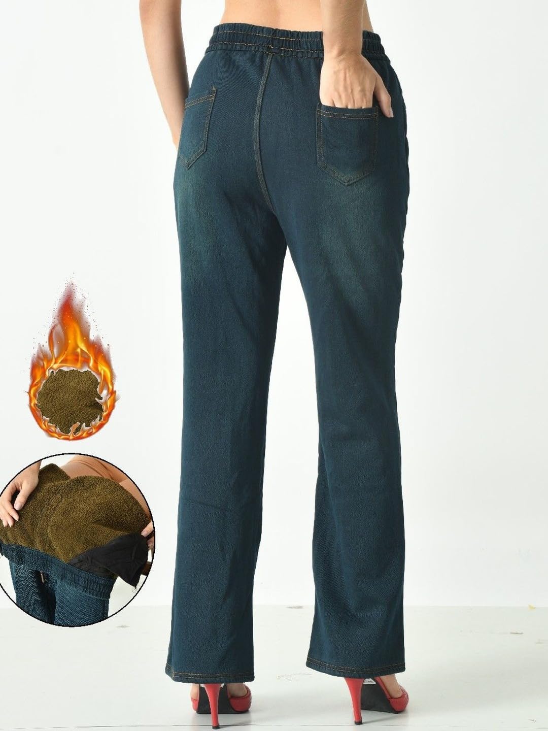 ogimi - ohh Give me Women Fleece Lined Winter Warm Thermal Denim Pant Blue