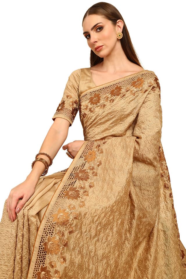 Soch Womens Beige Embroidered Tussar Saree With Cut Work