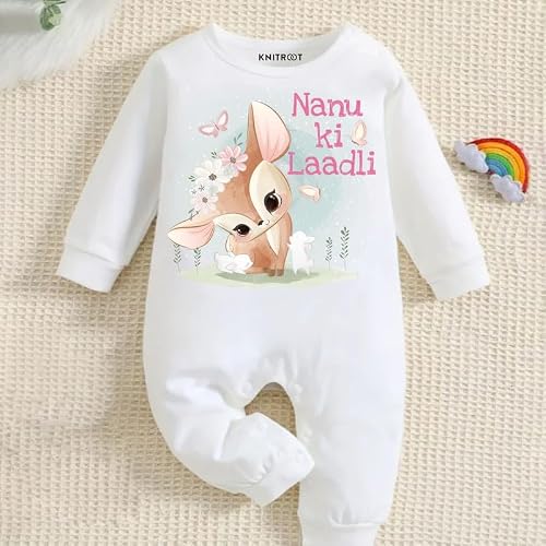 KNITROOT Nanu Theme, Nanu Ki laadli Text Printed, Full Sleeves, Shoulder-Snap-Buttons, Cotton Jumpsuit, Rompers for New Born Baby, 12-18 Months, White, Infant Clothes