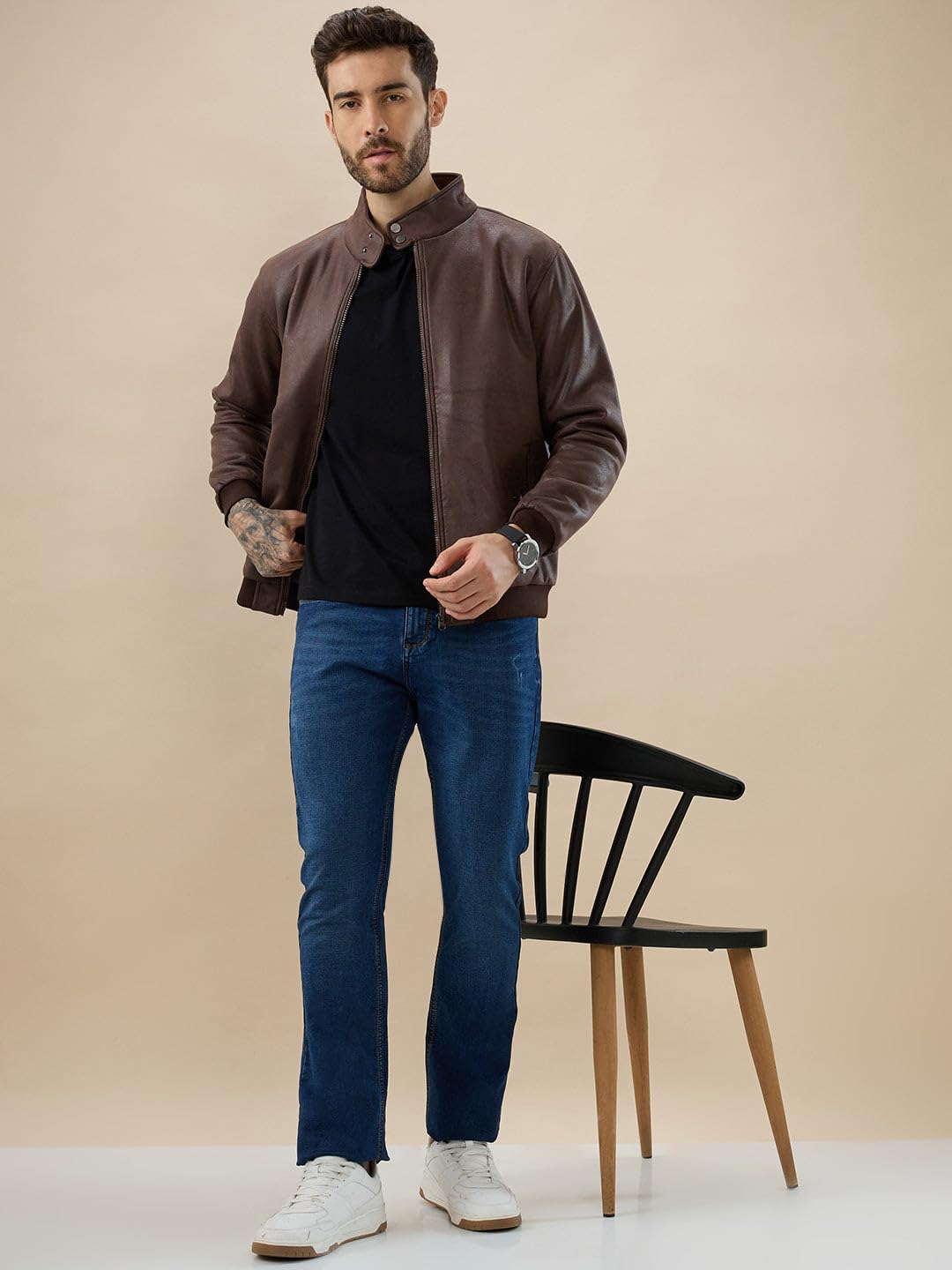 Status Quo Men's Solid Leather Textured Stand Collar Bomber Jacket | 100% Polyester | BROWN | M Size