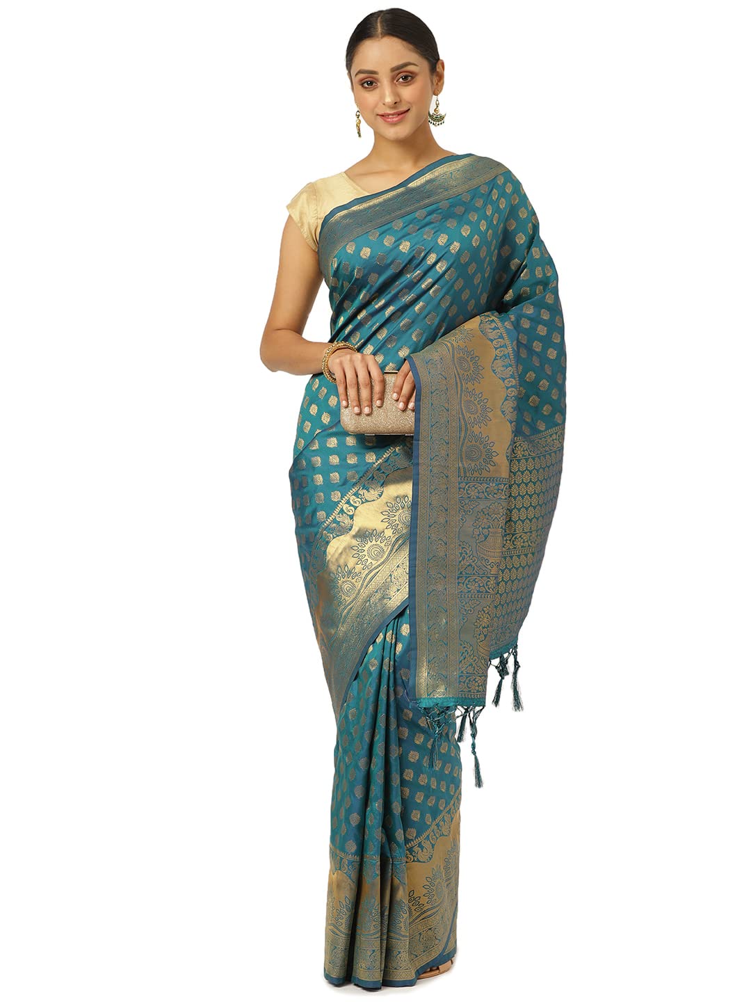 KARAGIRI Womens Banarasi Silk Blue Saree With Blouse Piece