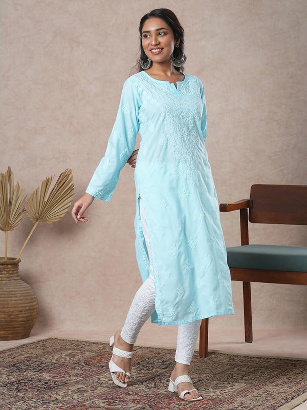 Ada Hand Embroidered Lucknowi Chikankari Cotton Kurta Kurti for Women A411688 Blue (4XL)