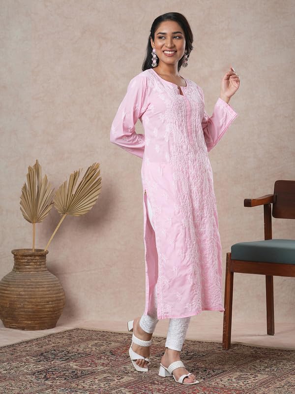 Ada Hand Embroidered Lucknowi Chikankari Cotton Straight Kurta Kurti for Women A411680 Pink (2XL)