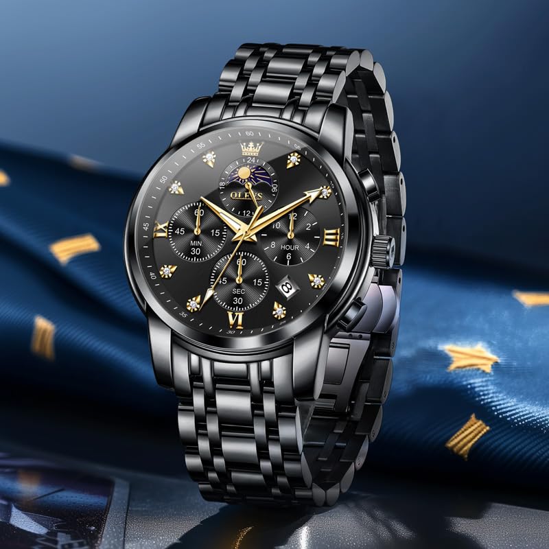OLEVS Watch for Men Diamond Business Dress Analog Quartz Stainless Steel Waterproof Luminous Date Two Tone Luxury Casual Wrist Watch, black watches 3655, men watch