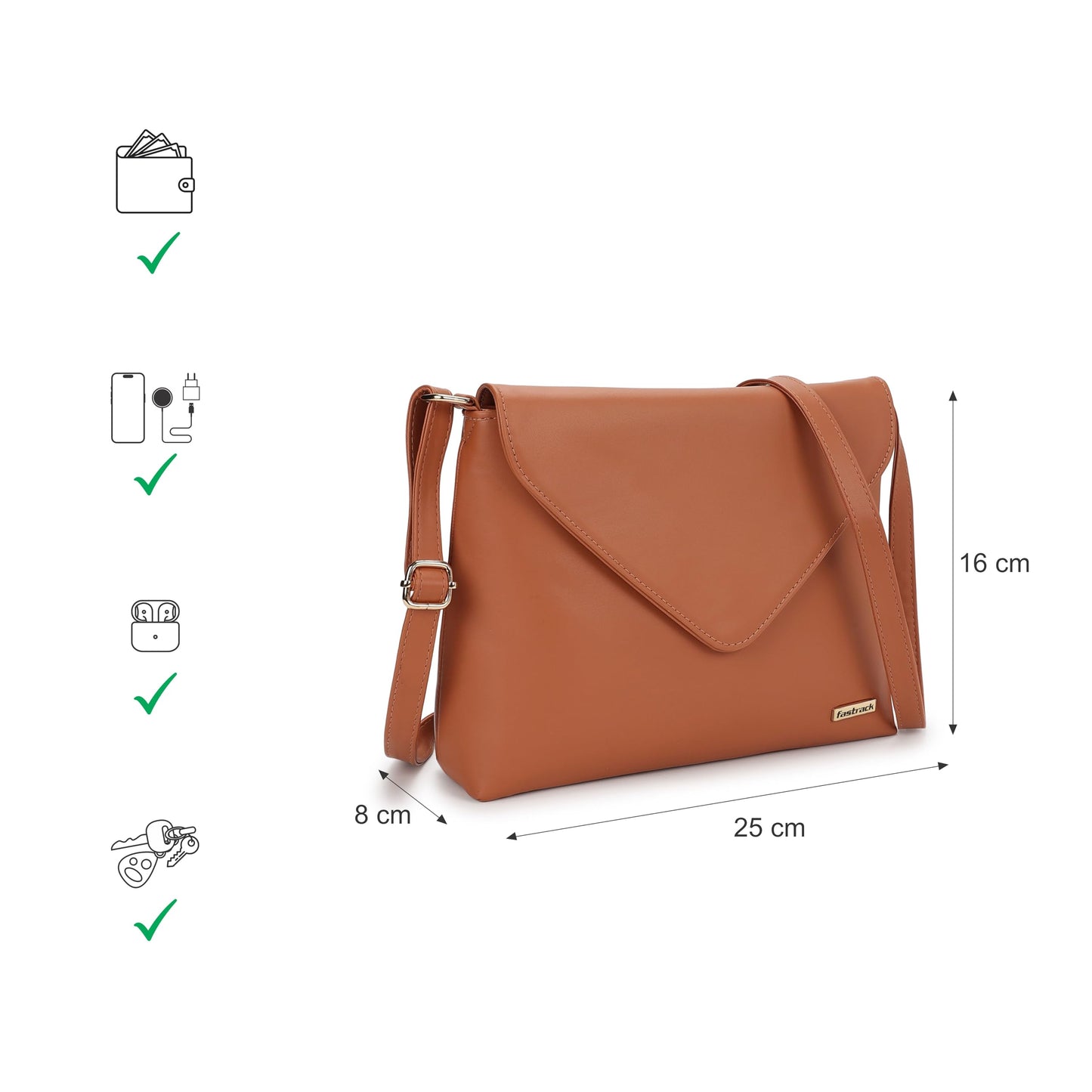 Fastrack Women's Flap Closure Sling Bag | Magnetic Button Lock, Adjustable Sling, Inner Zip and Slip Pockets | Stylish Everyday Bag | Sling Bag for Casual Carry, Tan