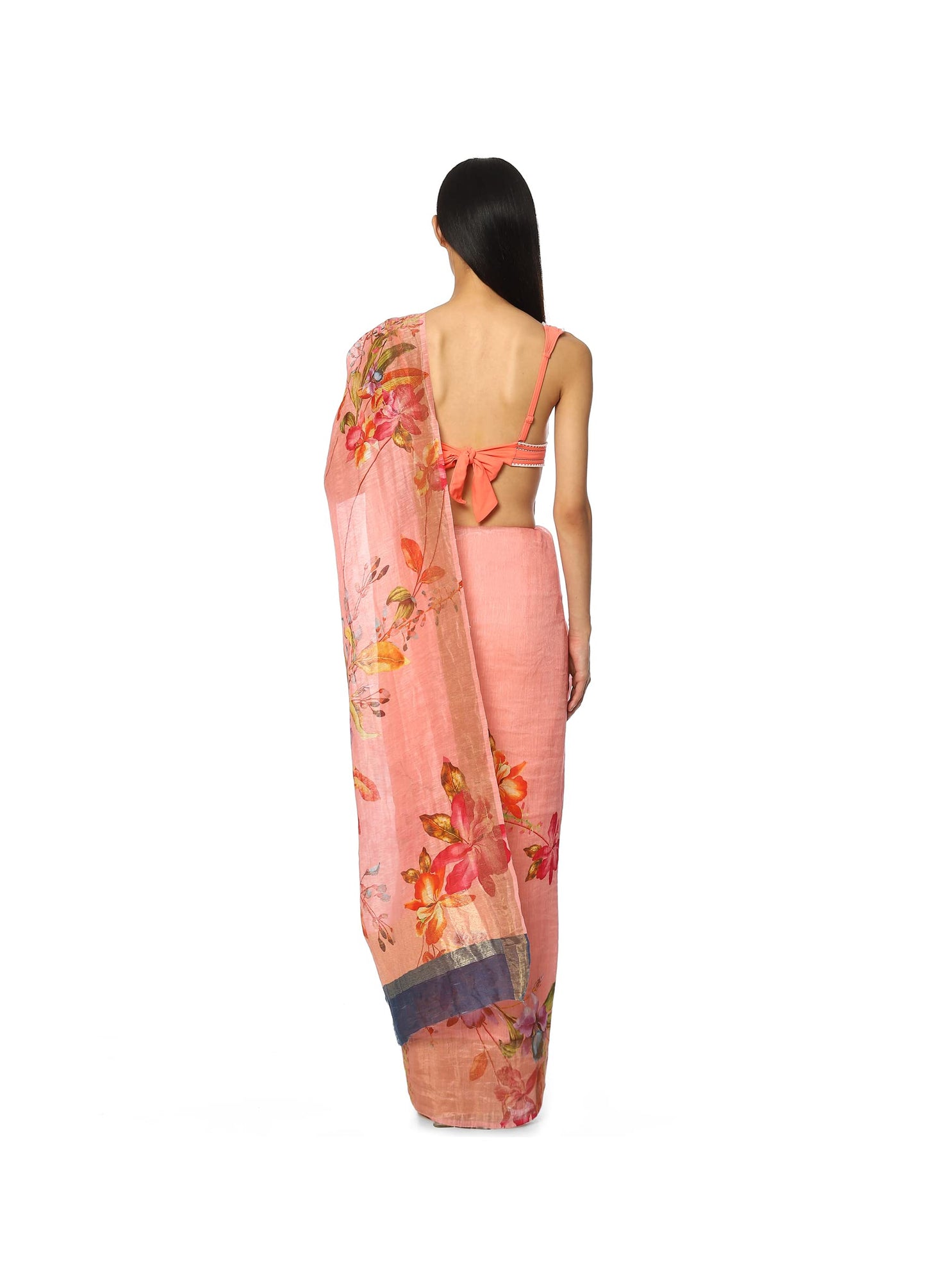 Satya Paul Linen Pink Peach Printed Silk Saree for Women