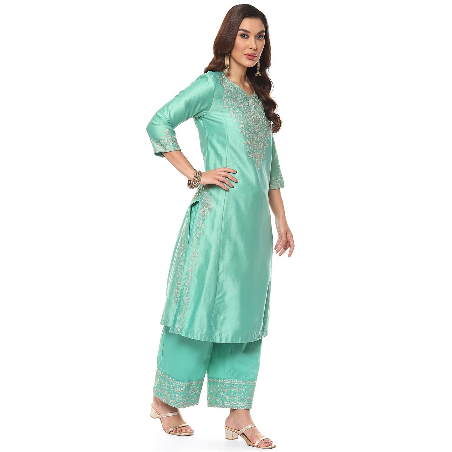 BIBA Women's Ethnic Sea Green Cotton Kurta Suit Set (Size_2XL)