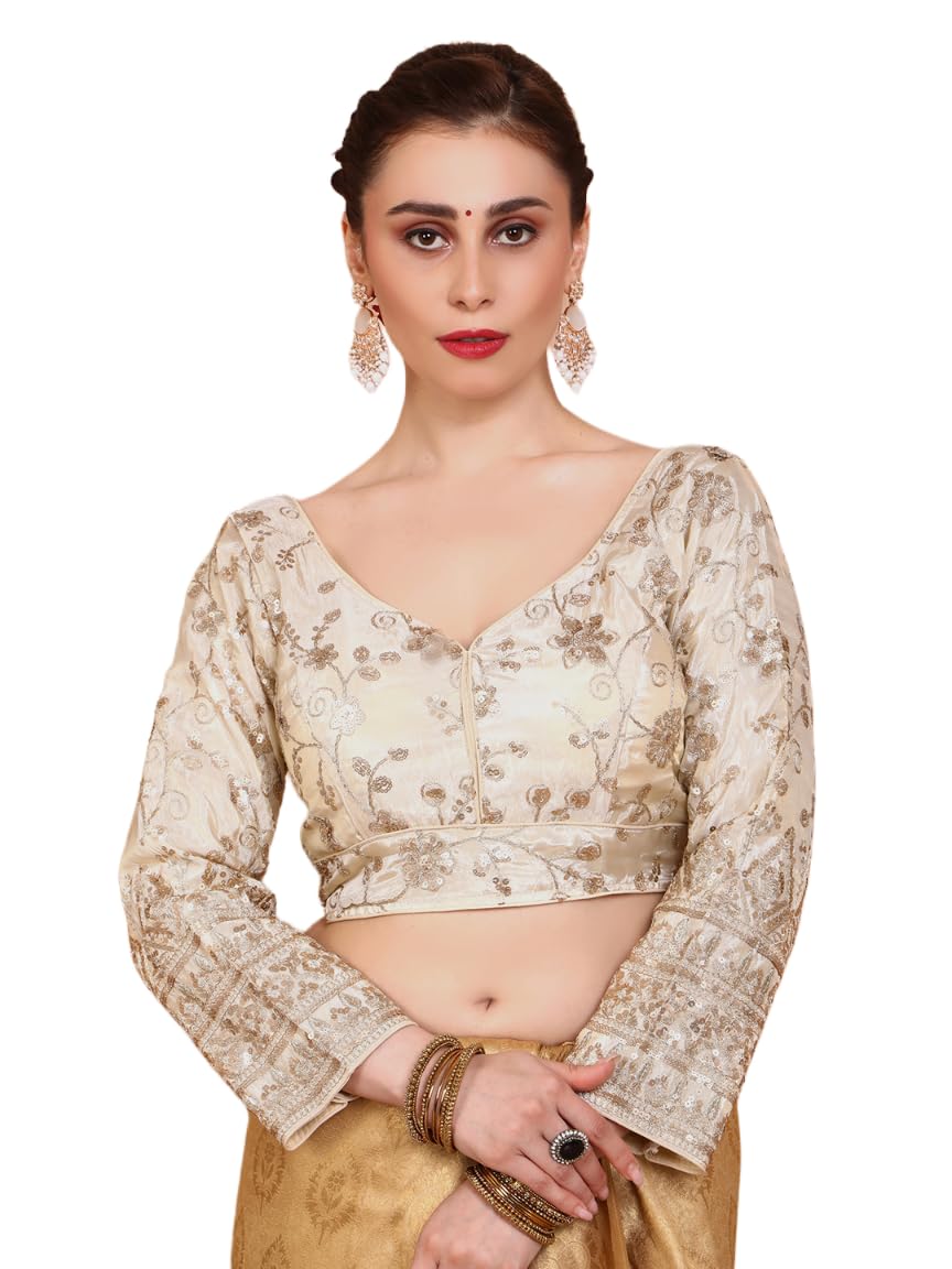 S SALWAR STUDIO Cream Tissue Embroidered Readymade Alterable Blouse