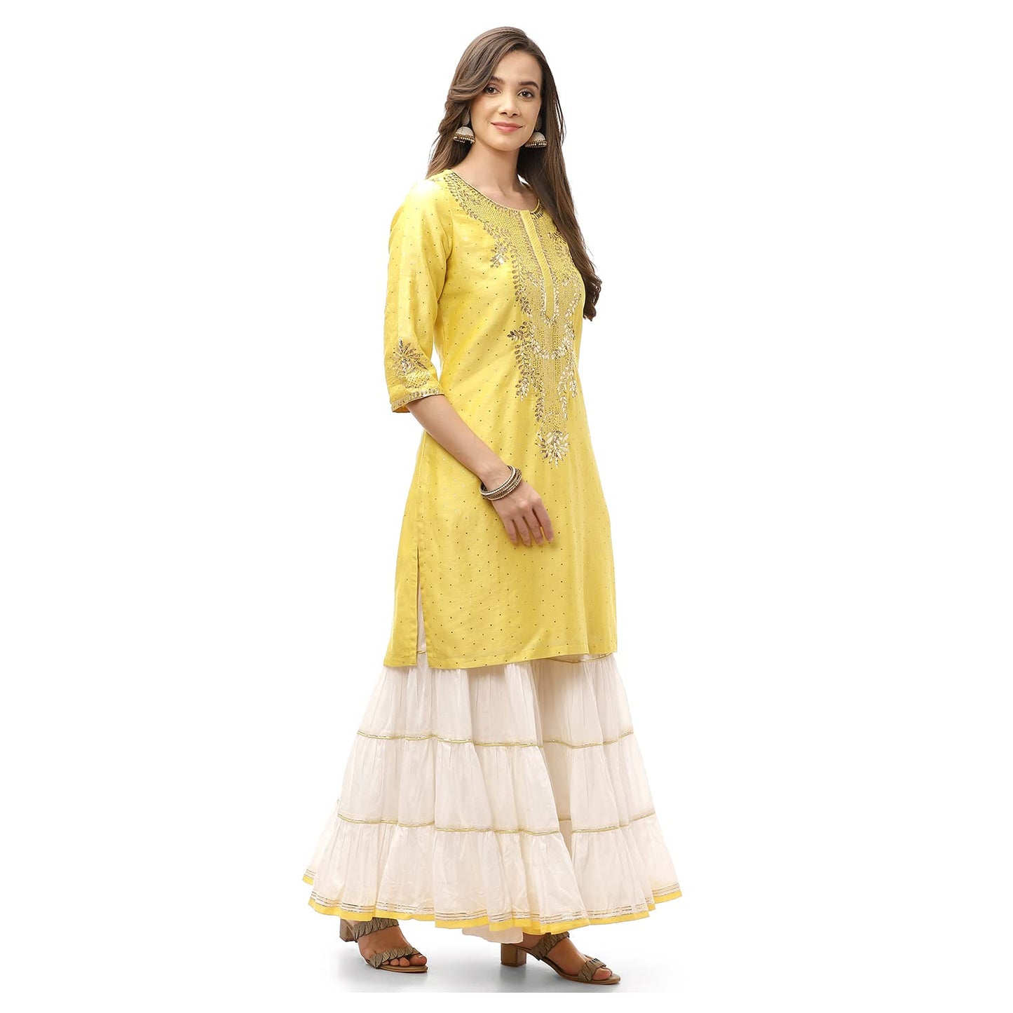 Biba WOMEN SOLID RELAXED SALWAR KURTA DUPATTA(SKDCHIKANKA7799_YELLOW/WHITE_36)