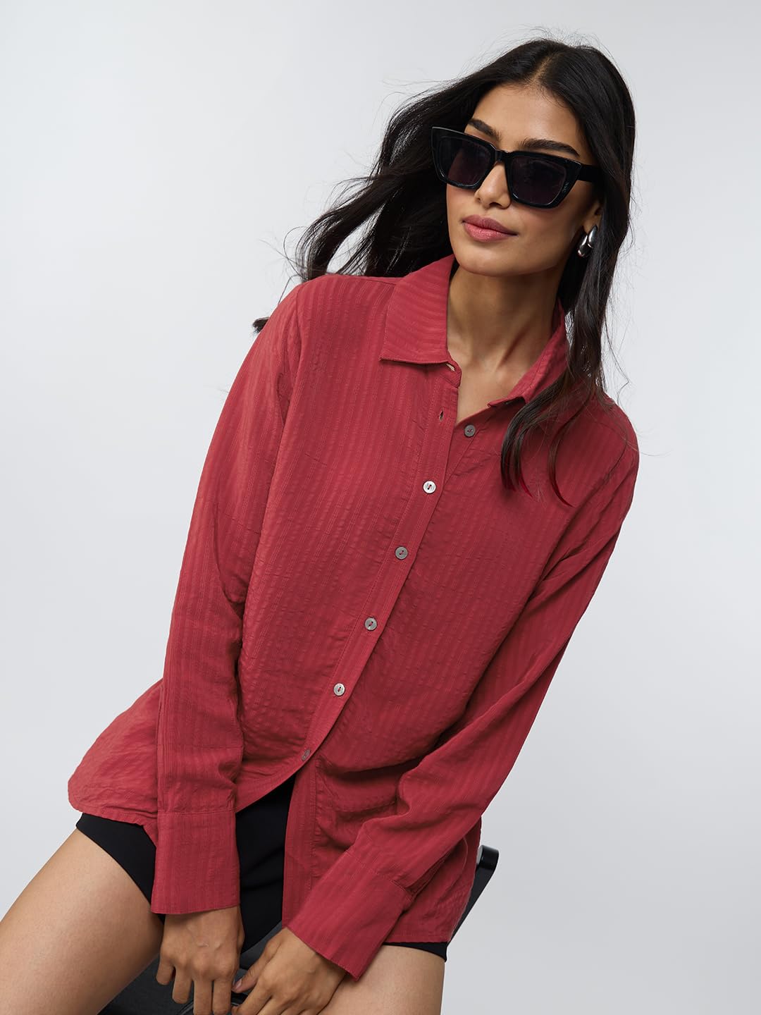 The Souled Store Side Rouching Shirt: Red Women and Girls Long Sleeves Collared Neck Button Front Slim Fit Viscose Shirts