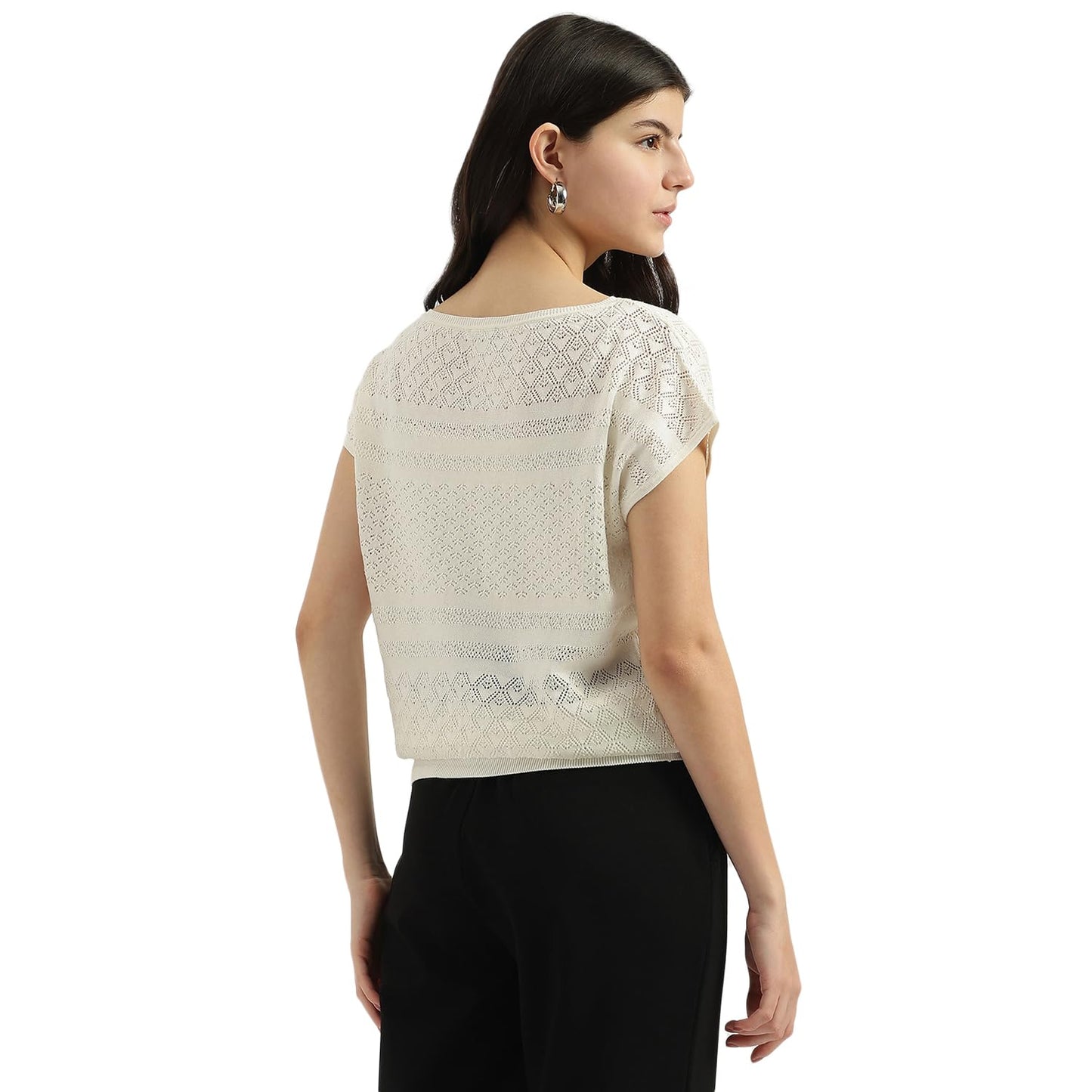 United Colors of Benetton Boat Neck Textured Top (Size: M)-25P1194D10AGG074 Cream