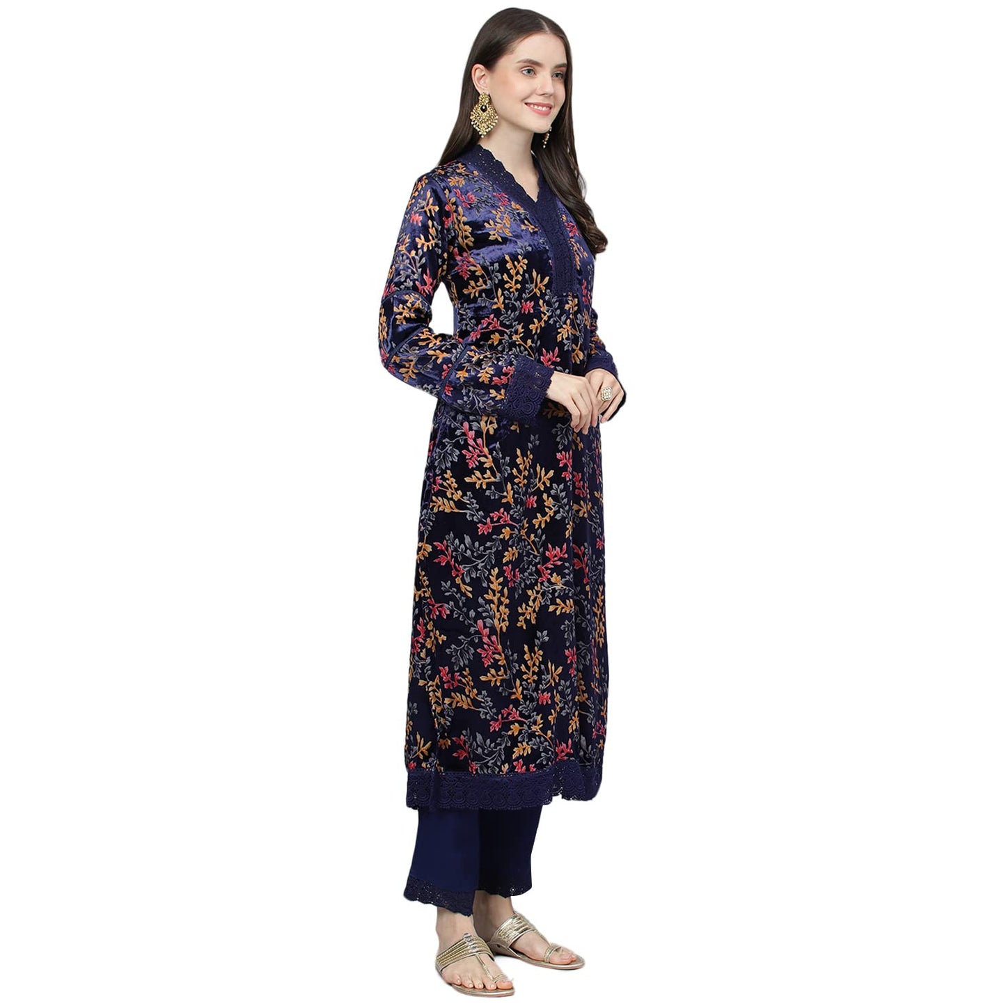Divena Blue Floral Burn Out Valvet Kurta pant With Organza Dupatta set