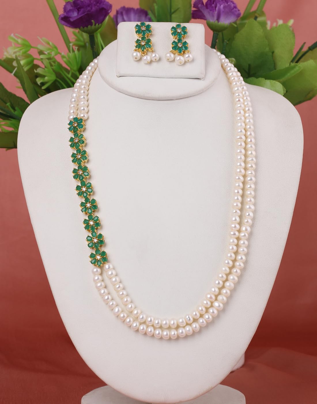 Real Natural Fresh Water Pearls Flower Necklace Set With Certificate For Women Girls (Green)