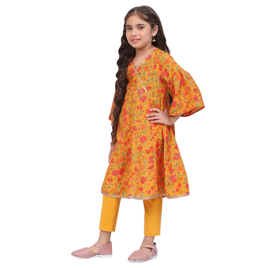 BIBA Girls Polyester Flared Printed Suit Set(KW5024E_5_Brown)