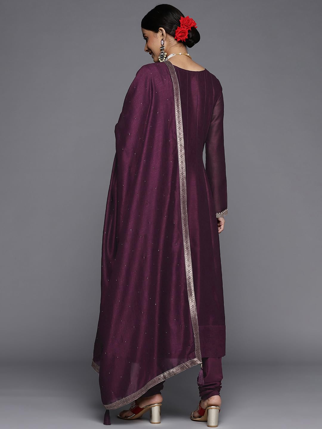 Libas Purple Yoke Design Silk Blend Anarkali Kurta With Churidar & Dupatta