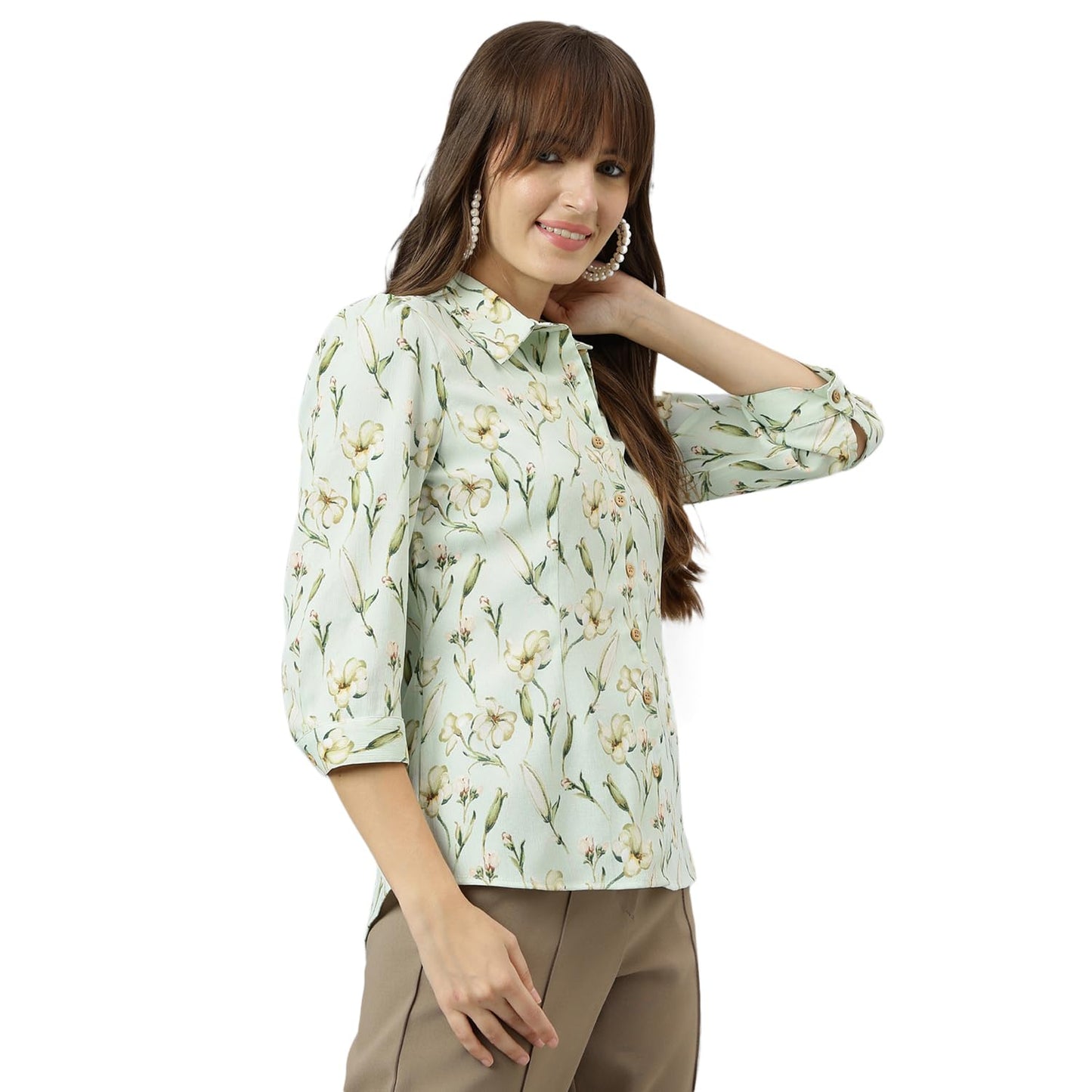 Latin Quarters Women Green Spread Collar Three-Quarter Sleeves Printed Shirt for Casual Wear_XL
