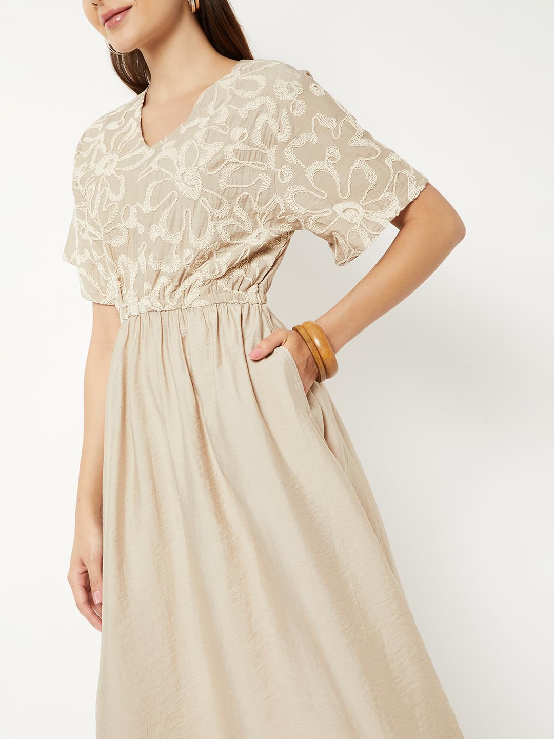Max Women Embroidered A-line Dress (Beige_XL)