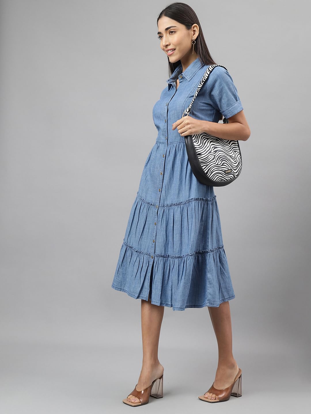 Latin Quarters Women Blue Collar Neck Half Sleeve Solid Knee Length Shirt Dress Casual for Wear