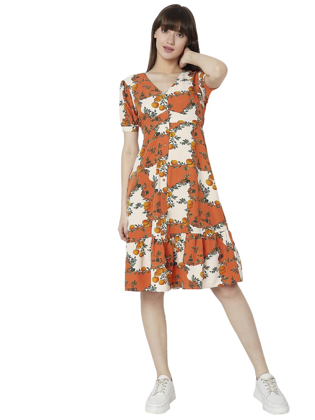 Vero Moda Women's Polyester Sheath Knee-Length Dress (10299470-Coral Gold_Coral M)