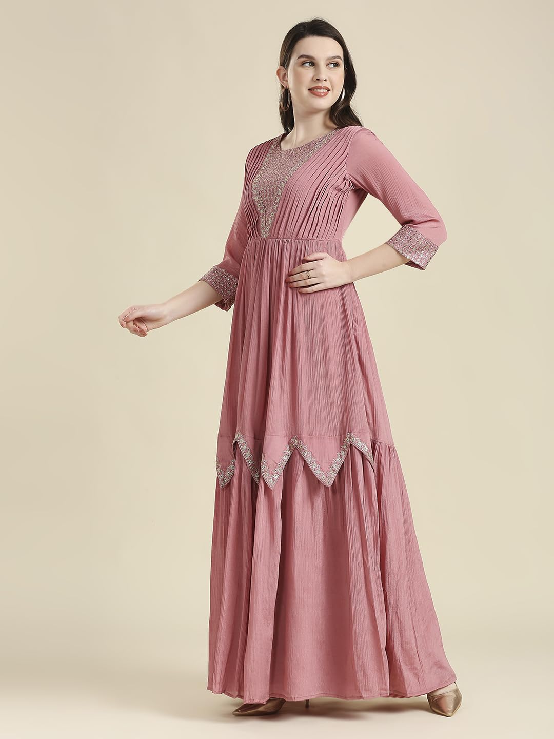 madhuram textiles Women's Chinon Chiffon Traditional Ethnic Long Western Straight, Ankle Length Dress With Embroidery Work Long Kurta(M-2361, In, Alpha, M, Regular, Pink)