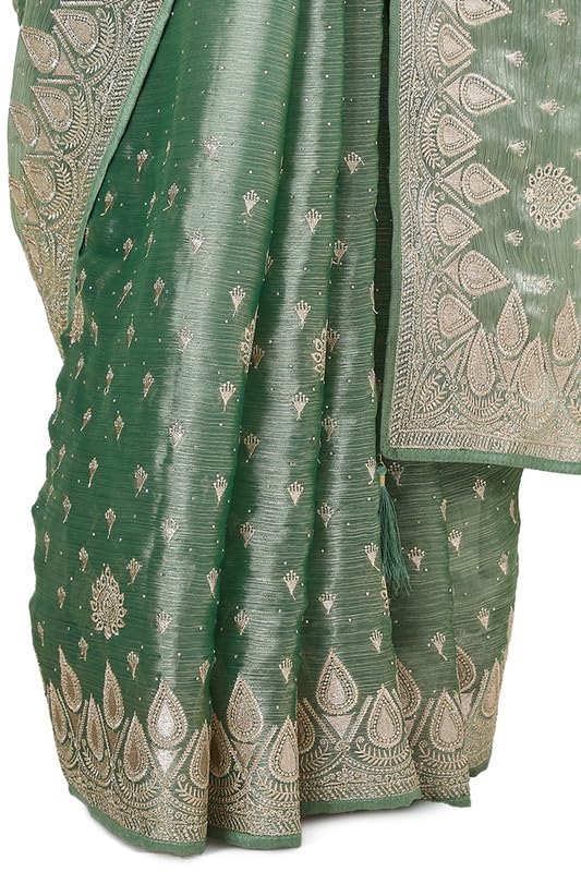 Soch Womens Light Green Organza Embroidered Saree With Stone Work