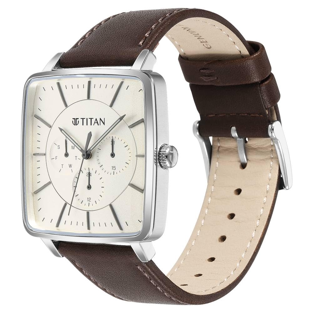 Titan Avant Garde Quartz Multifunction Beige Dial Brown Leather Strap Watch for Men - NT90147SL01