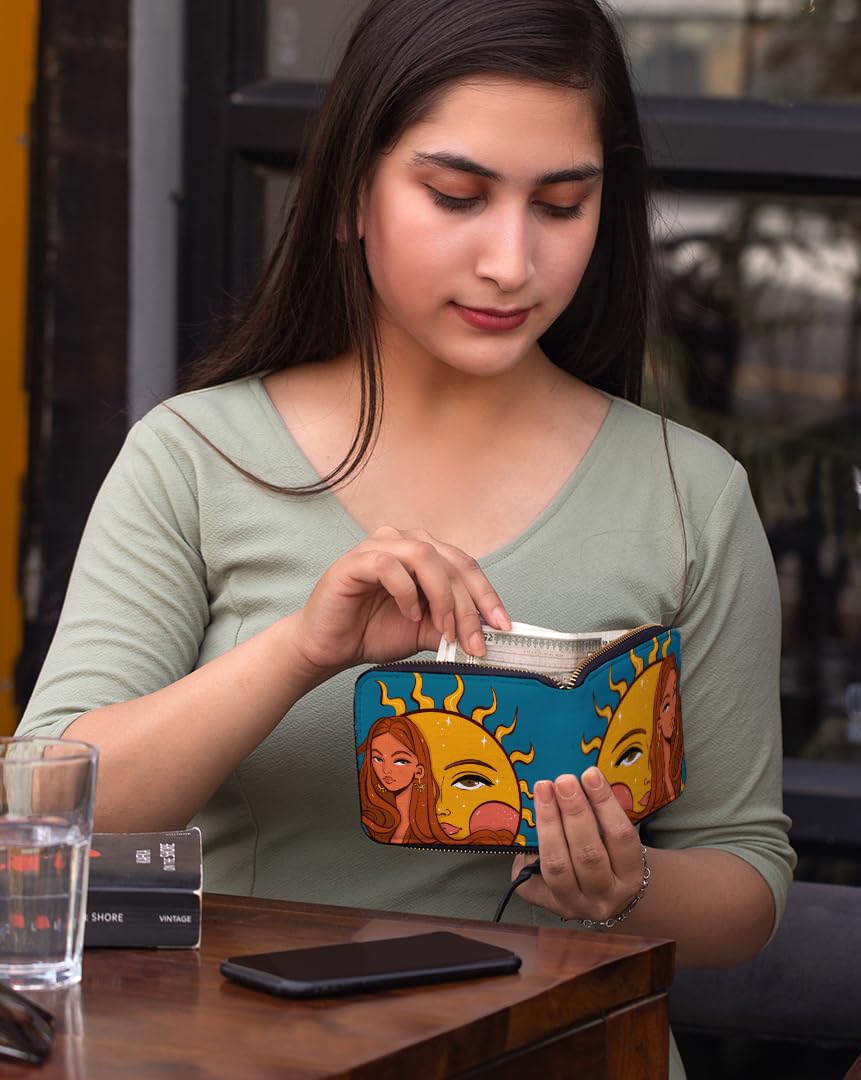 Kalankit Wallet for Women | Compact Vegan Leather Ladies Purse, Slim and Easy to Fit in Pocket with Card Slots, Cash & Coin Pocket | Small Bi-Fold Zip Wallets for Woman | The Child of Sun