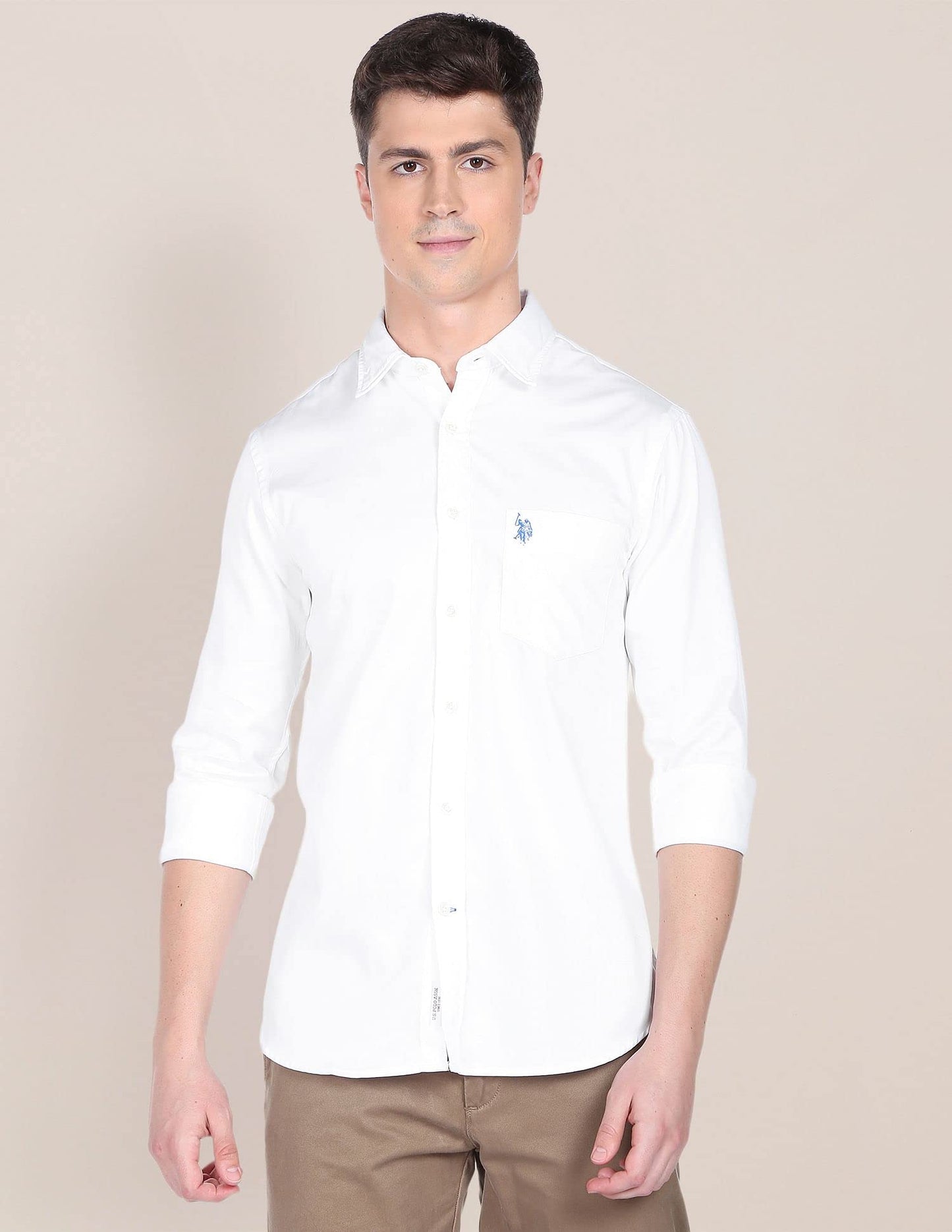 U.S. POLO ASSN. Mens Cotton Solid Satin FS Regular Fit Shirts (USSHTFX0019_White_Medium)