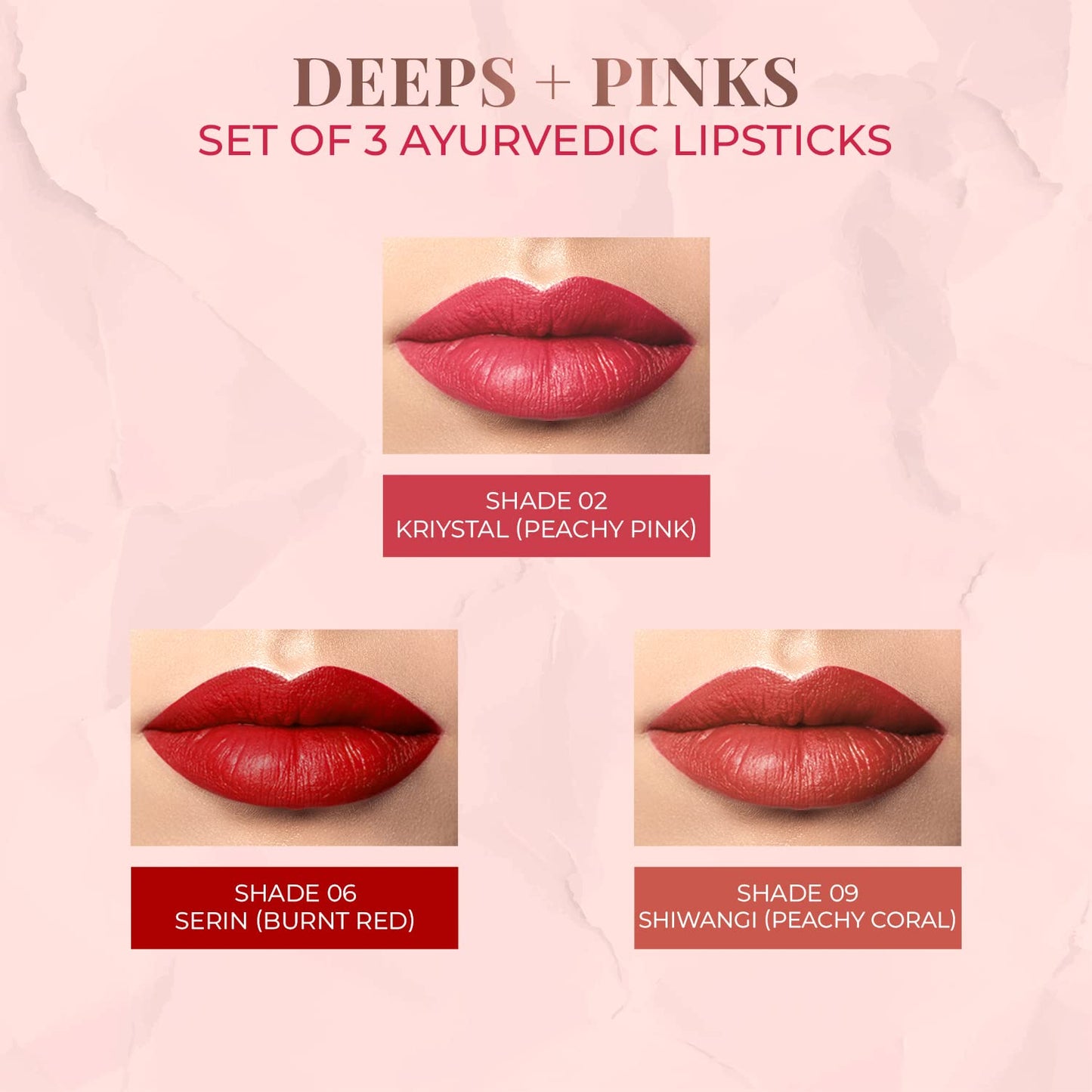 Just Herbs Ayurvedic Creamy Matte Half-Size Lipstick Kit - Peachy Pink, Burnt Red & Peachy Coral (1.8gm x 3)