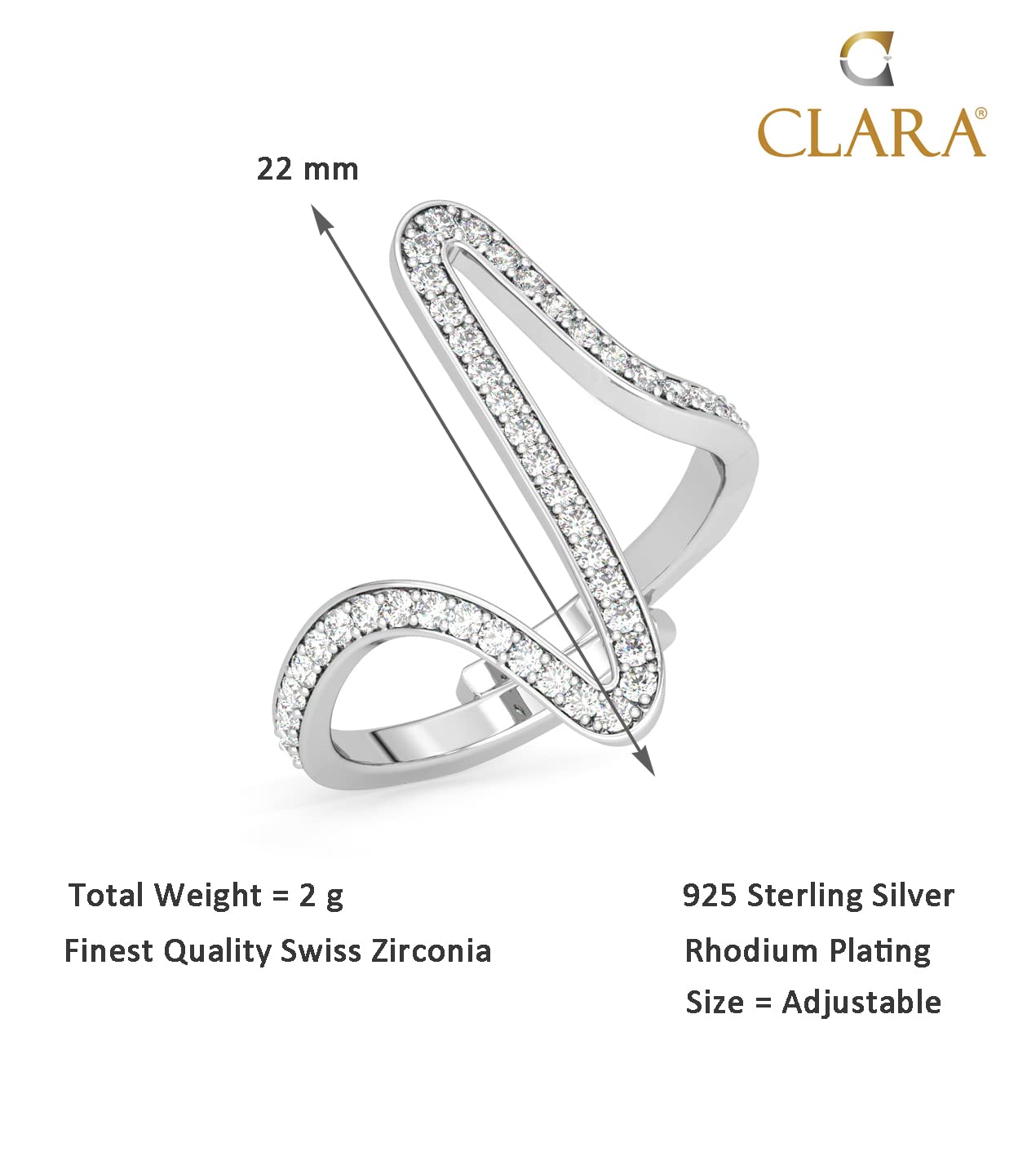 CLARA Pure 925 Sterling Silver Heart Beat Finger Ring with Adjustable Band | Gift for Women Girls Wife Girlfriend | Swiss Zircon Rhodium Plated