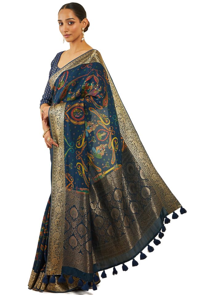 Soch Womens Navy Blue Crepe Saree With Ethnic Print And Zari Borders