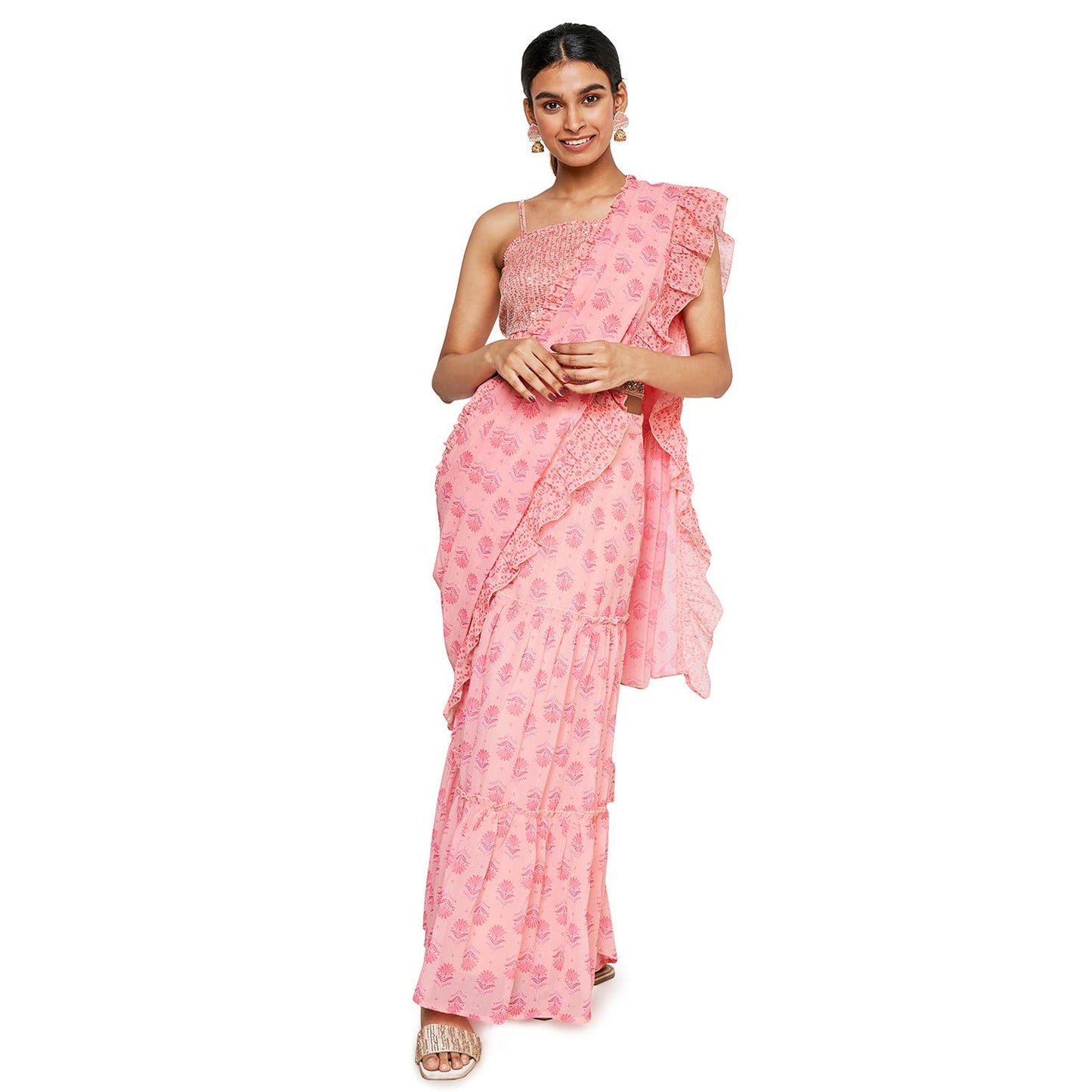 global desi Women's Polyester Stitched Saree (SS22GM160SSPG_Pink)