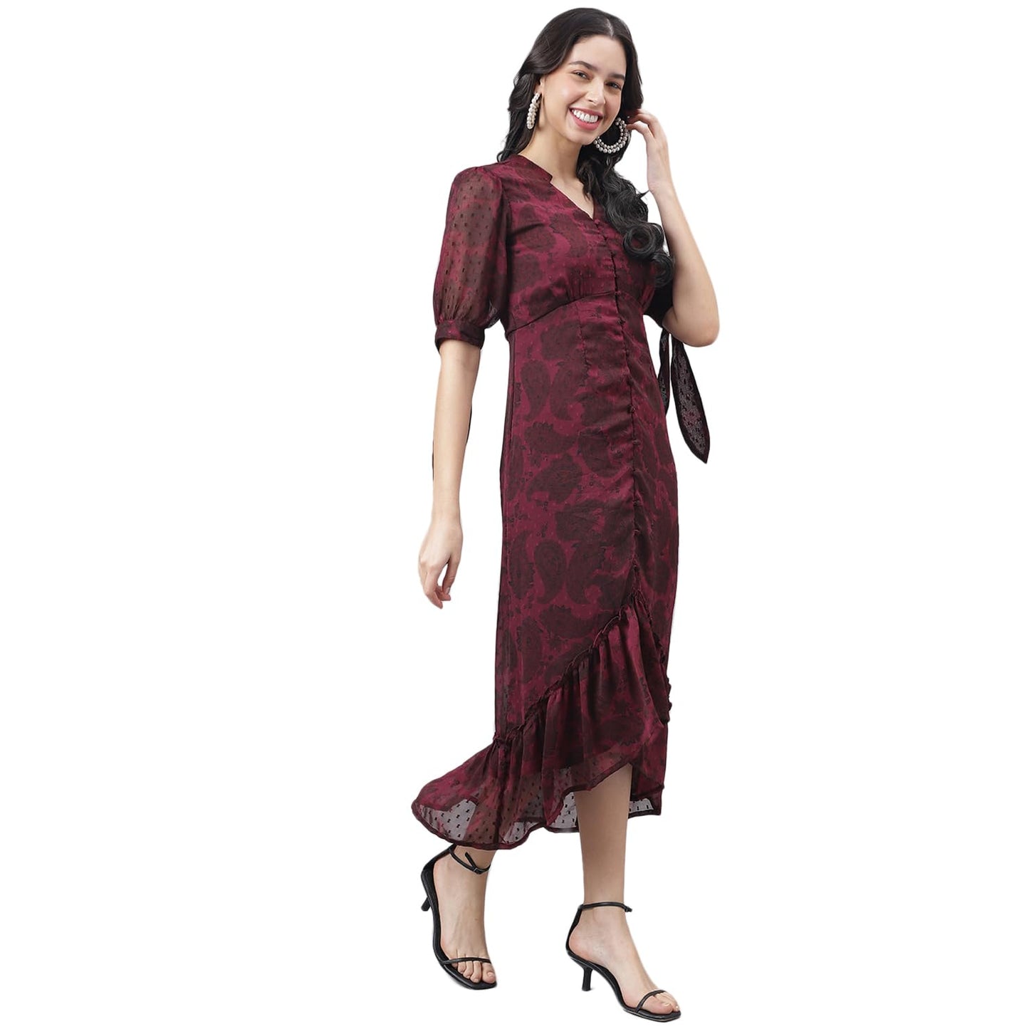 Latin Quarters Women Maroon Half Sleeve V-Neck High Low Dress_L