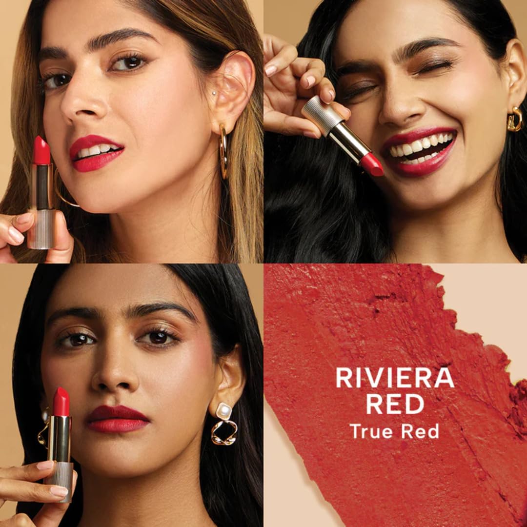 RAS Luxury Oils Lumiere Satin Matte Lipstick | 8-Hr long stay Creamy Matte, Non-Drying, Lightweight & Pigmented | Natural infusion of Argan & Avocado | Vegan, Cruelty-Free (Riviera Red)