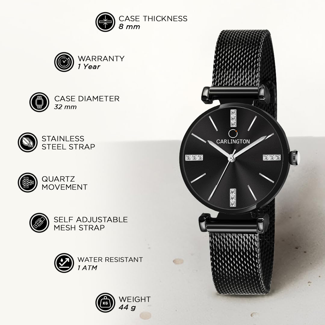 Carlington Metal Analog Dial Women & Girl's Watch With Black Dial and Band