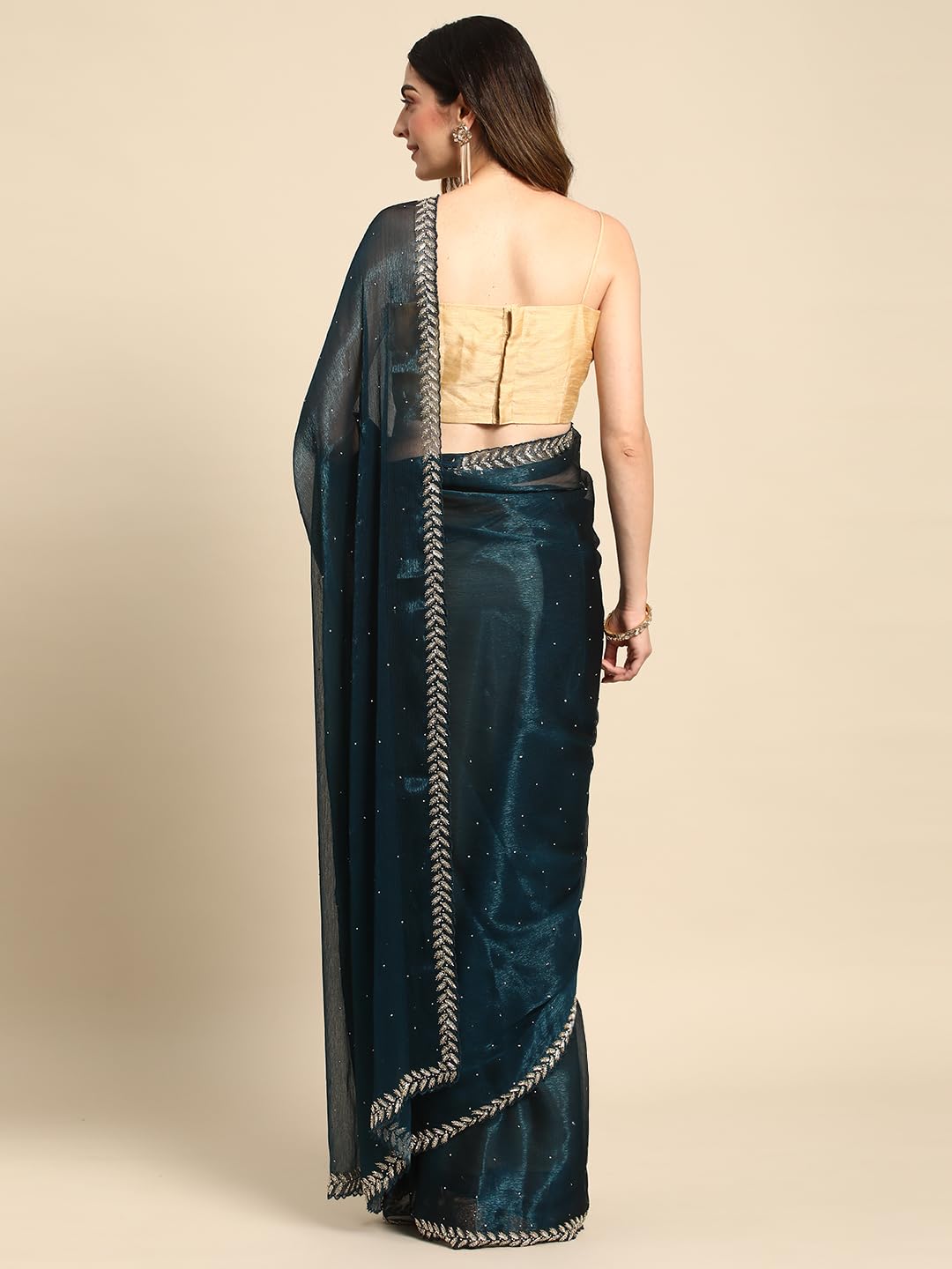 MOHEY Blue Organza Mirror Embroidered Saree for Women