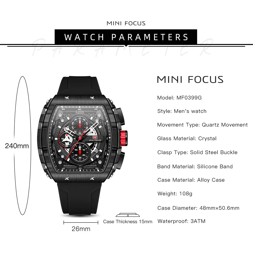 Mini Focus Mens Watches 3ATM Waterproof Chronograph Luminous Quartz Movement Sport, Black