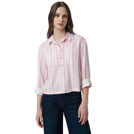 Pepe Jeans Stripes Viscose Round Neck Women's Shirt (Pink, Large)