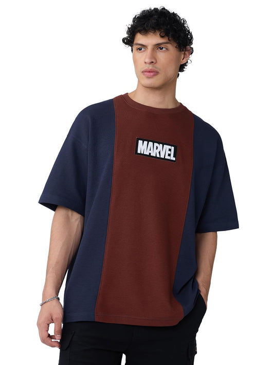 The Souled Store Marvel: Classic Logo Men and Boys Short Sleeves Round Neck Blue and Brown Embroidered Cotton Oversized T-Shirts