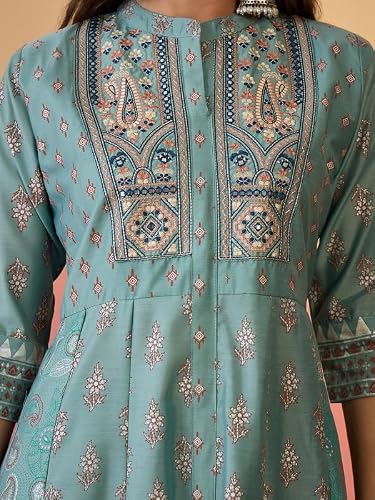 AVYUKTHA Silk Kurta Palazzo & Dupatta Set For Womens | Regular Fit | 3/4 Sleeve | V Neck | Printed Embroidery | Lightweight & Comfortable | Ethenic Dress | Ideal For Weddings & Parties | M | Teal