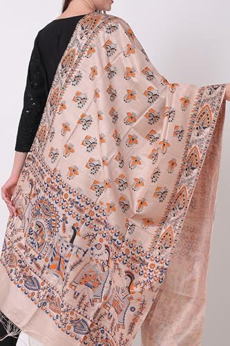 DESI PALETTE Stylish Hand Block Madhubani Printed Tussar Muga Silk Dupatta for Womens & Girls | Lightweight & Comfotable Traditional Dupatta (Golden Blue Orange_2.4 Meters)